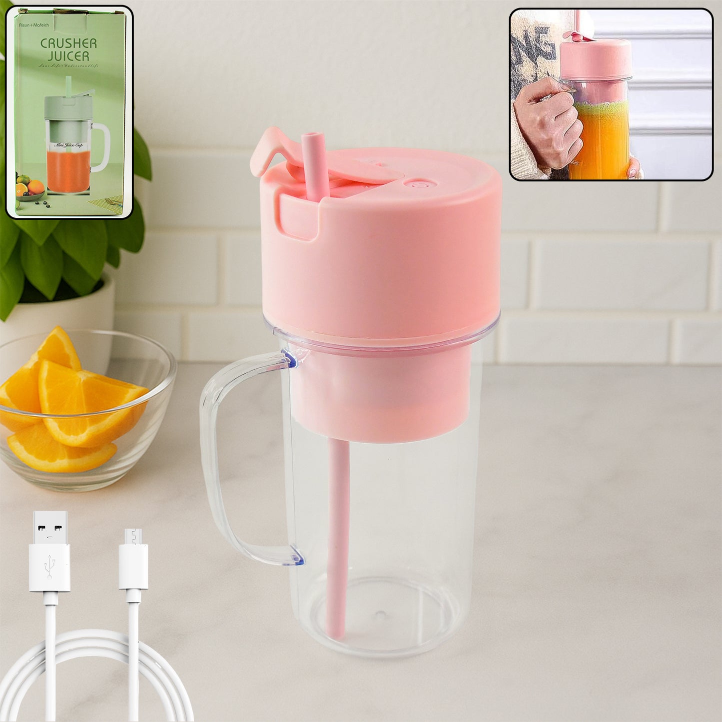 Wukusy portable crusher juicer with handle, straw, USB rechargeable, 6 blades, 420ml capacity for home and kitchen use