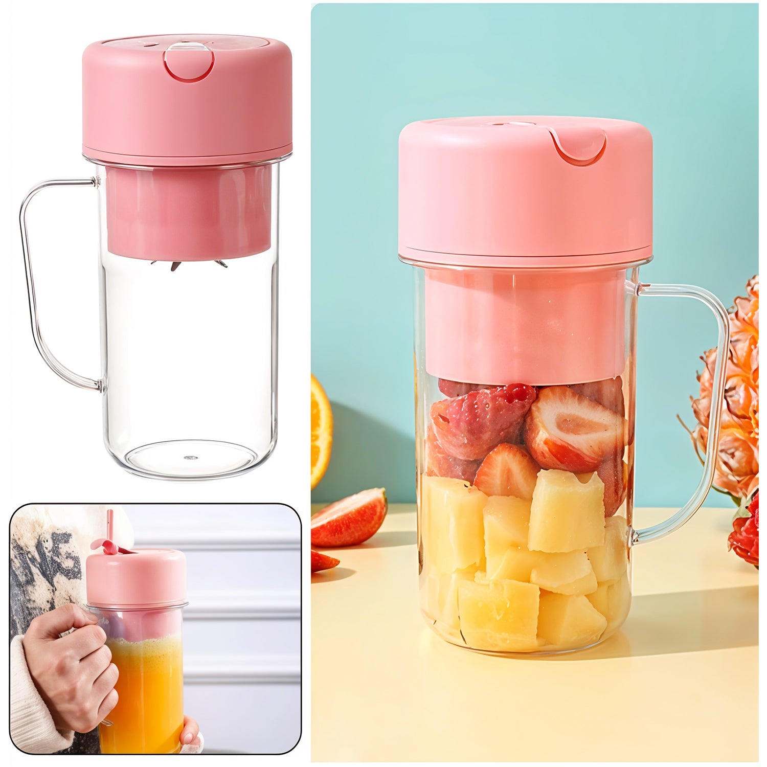 Wukusy portable crusher juicer with handle, straw, USB rechargeable, 6 blades, 420ml capacity for fresh juice on the go.
