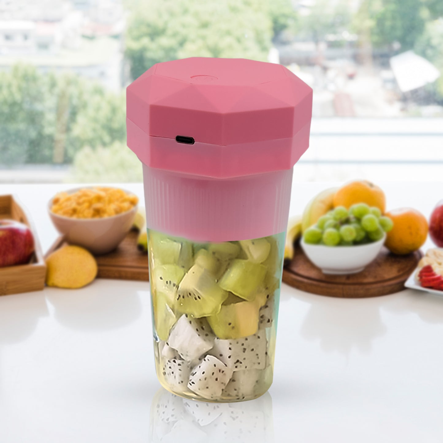 Wukusy portable electric juicer cup with 6 blades, 350ml capacity, compact design for making fresh juice on the go.