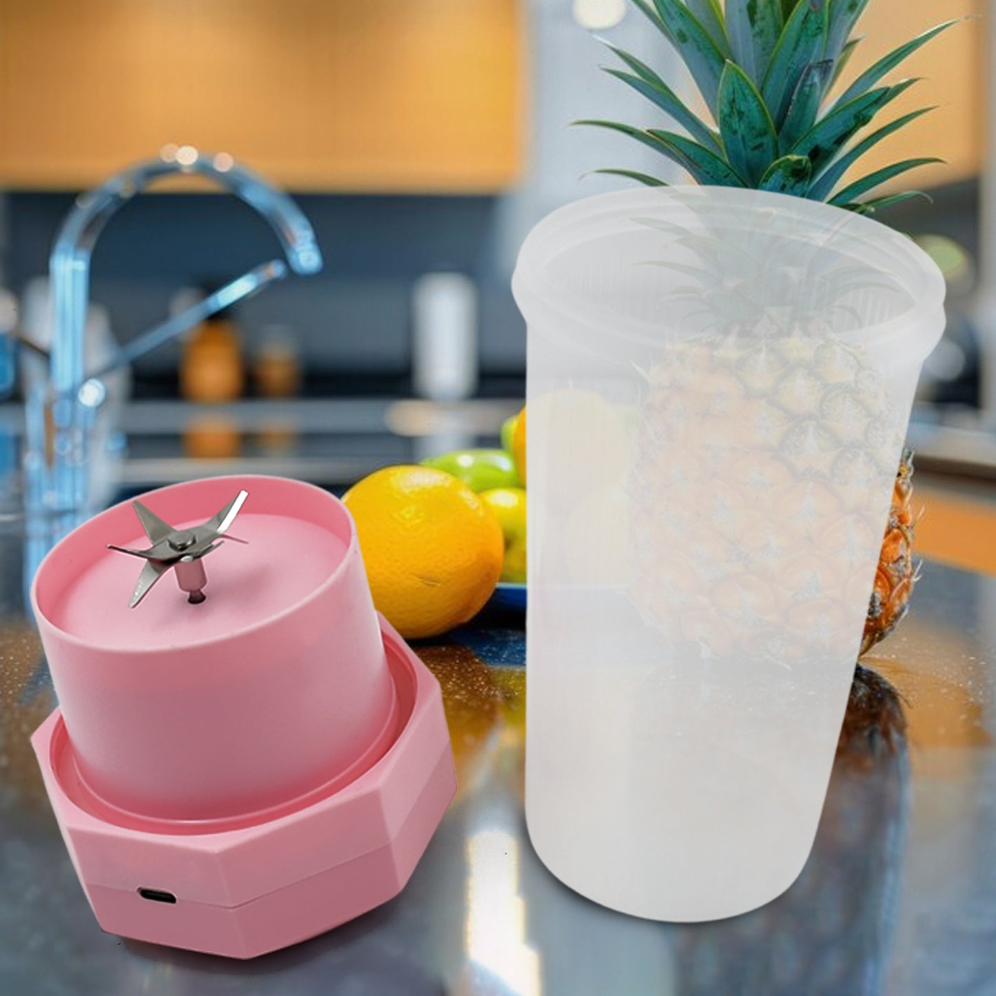 Wukusy portable electric juicer cup with 6 blades, 350ml capacity, compact design for fresh juice on the go in home and kitchen.