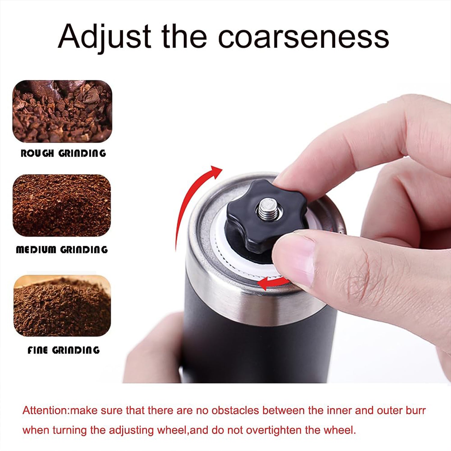 Portable Wukusy stainless steel manual coffee grinder, compact for home and kitchen use with adjustable grind settings.