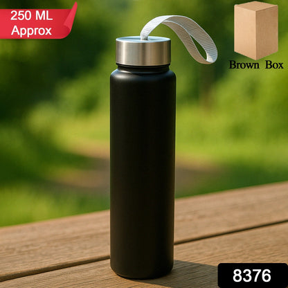 Portable stainless steel water bottle with strap by Wukusy, 250ml, featuring a sleek design for home and outdoor use.