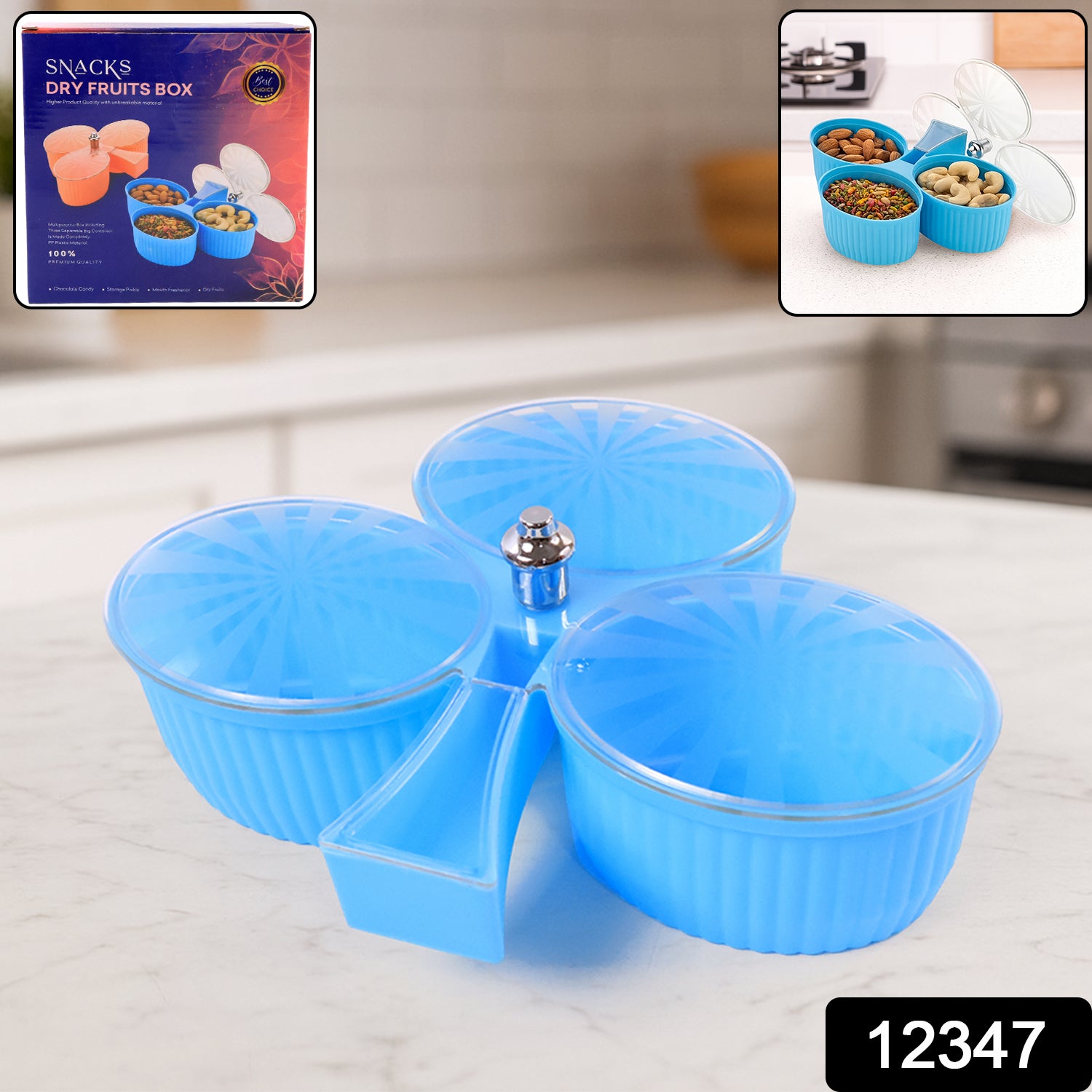 Wukusy premium 3-compartment revolving dry fruit box for home and kitchen storage with multiple sections.