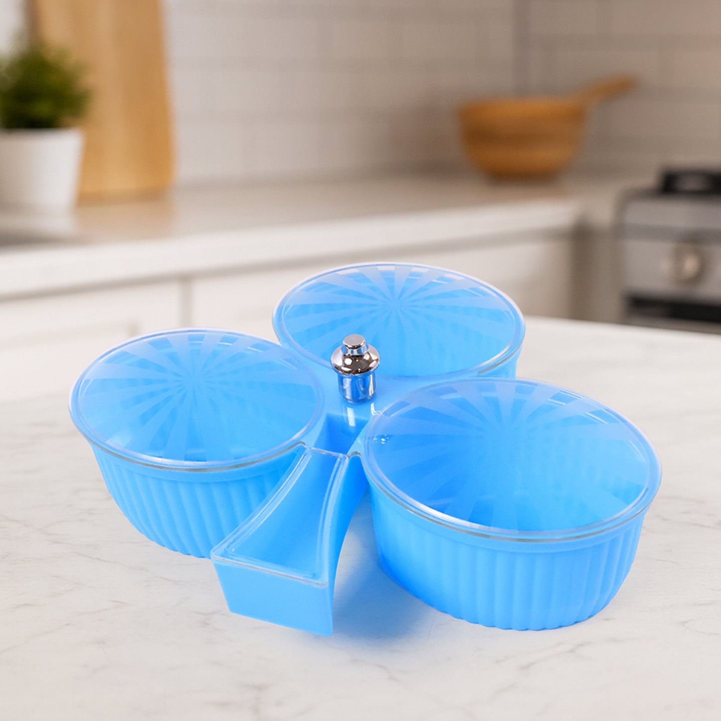 Wukusy premium 3-compartment revolving dry fruit box for home and kitchen storage with multiple sections and a rotating design.
