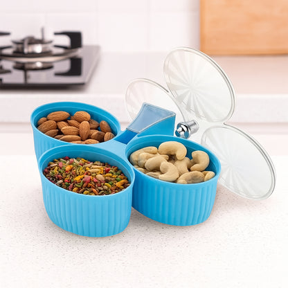 Wukusy premium 3-compartment revolving dry fruit box for home storage, made of durable material with a rotating design.