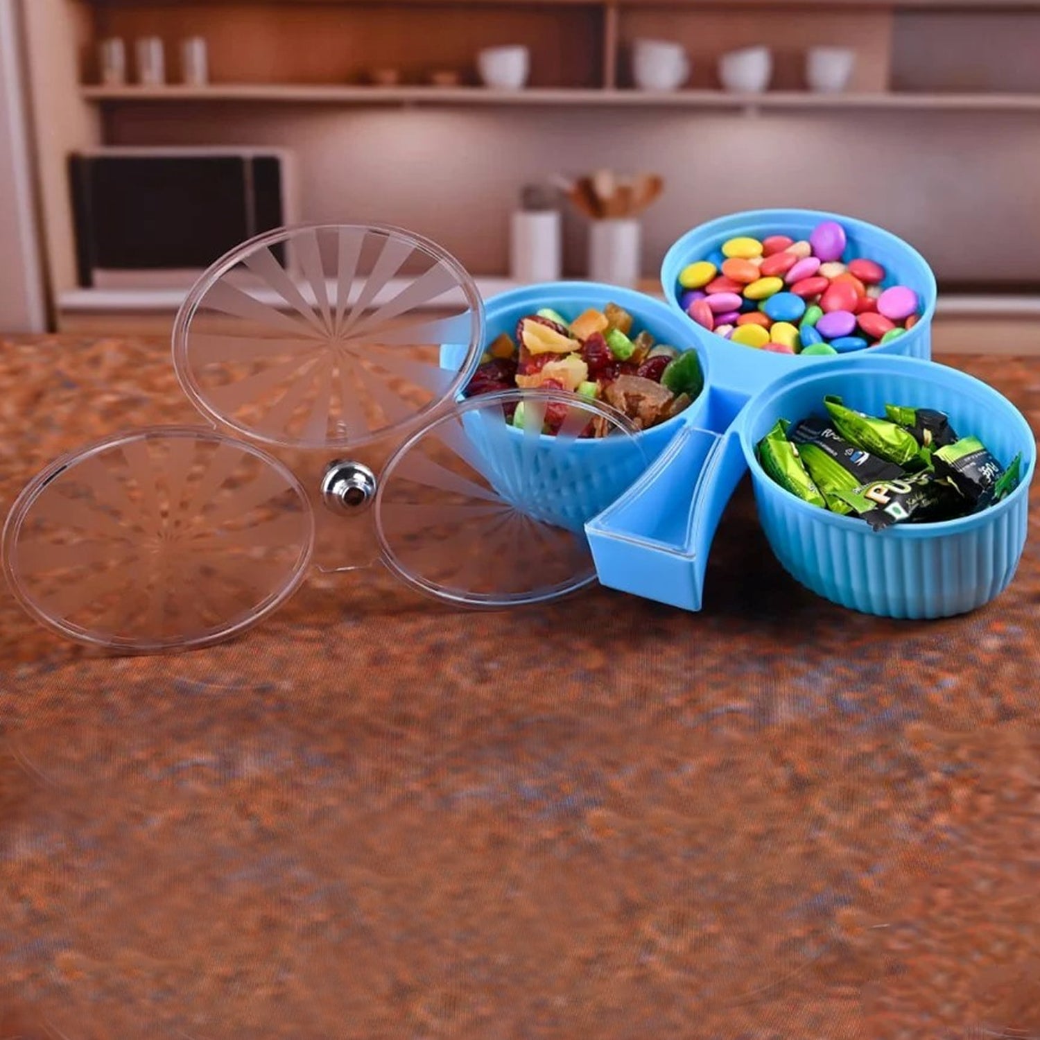 Wukusy premium 3-compartment revolving dry fruit box for home and kitchen storage, featuring a circular design with three separate sections.