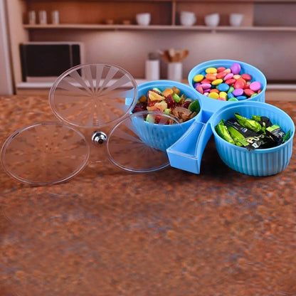 Wukusy premium 3-compartment revolving dry fruit box for home and kitchen storage, featuring a circular design with three separate sections.