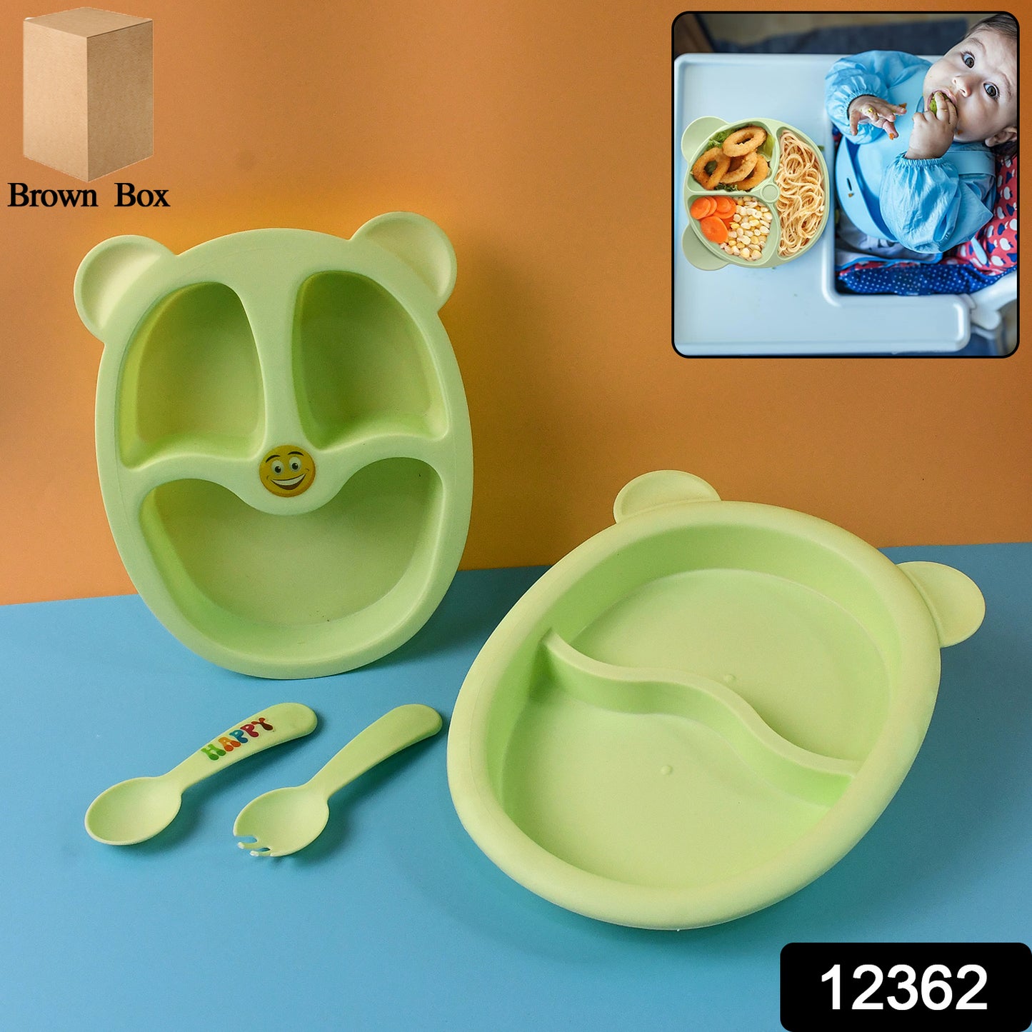 Wukusy premium 4-piece kids mealtime feeding set with colorful plates, bowls, and utensils for children’s dining.