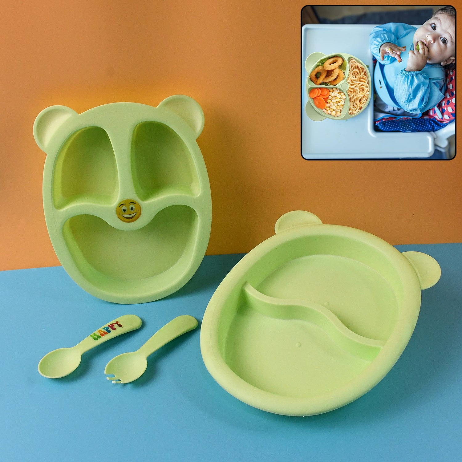 Wukusy premium 4-piece kids mealtime feeding set with colorful plates, bowls, and utensils for children’s dining.
