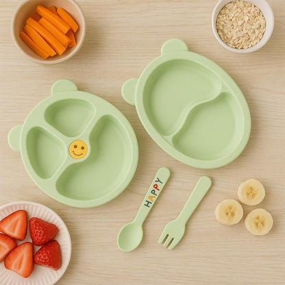 Wukusy Premium 4-piece Kids Mealtime Feeding Set with colorful plates, bowls, and utensils for children.