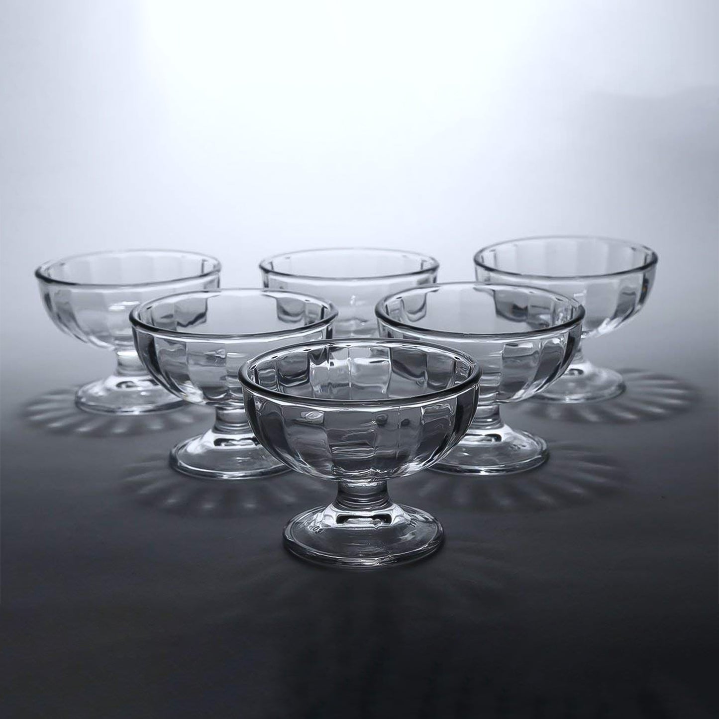 Set of six Wukusy premium glass ice cream dessert bowls, clear and elegant for serving treats in home and kitchen settings.