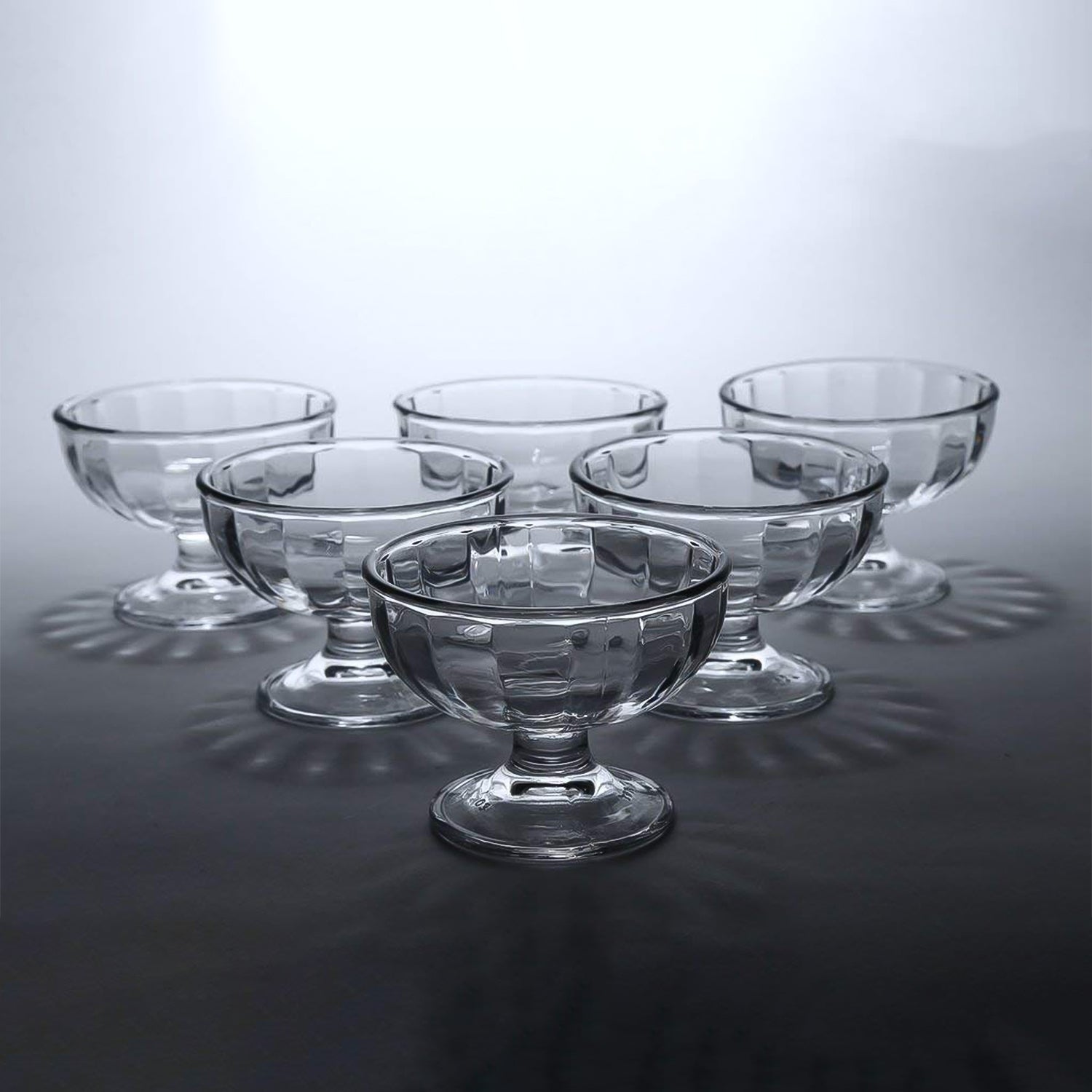 Set of six Wukusy premium glass ice cream dessert bowls, clear and elegant for serving treats in home and kitchen settings.