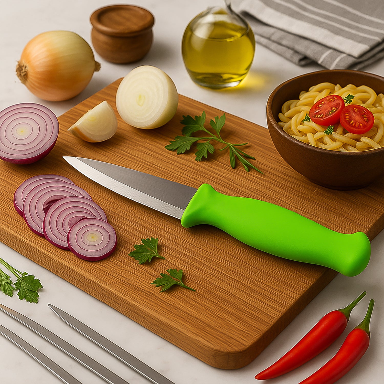 Wukusy premium stainless steel multipurpose kitchen knife on a cutting board, showcasing its sharp blade and ergonomic handle.