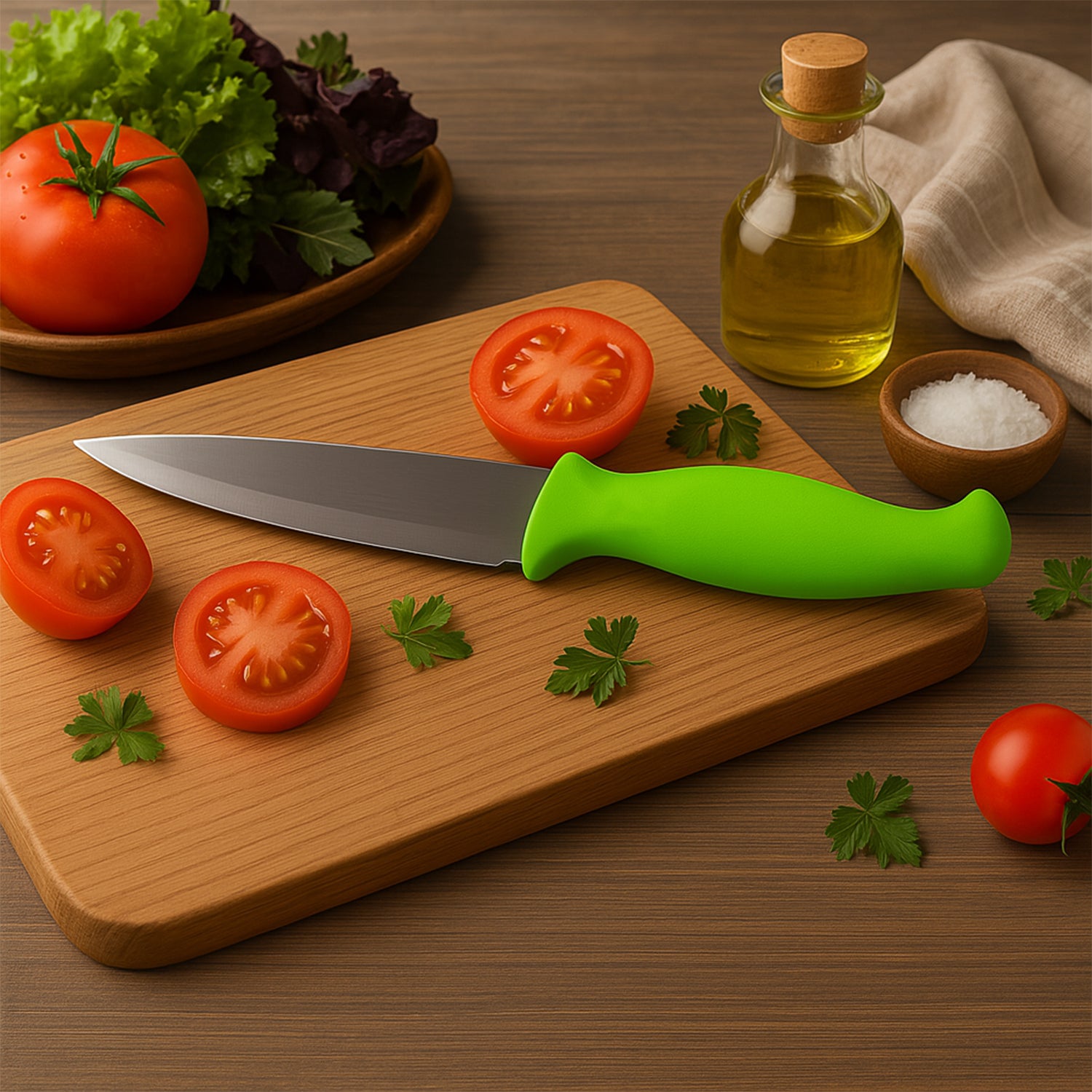 Wukusy premium stainless steel multipurpose kitchen knife for home use, shown with a sharp blade on a wooden cutting board.