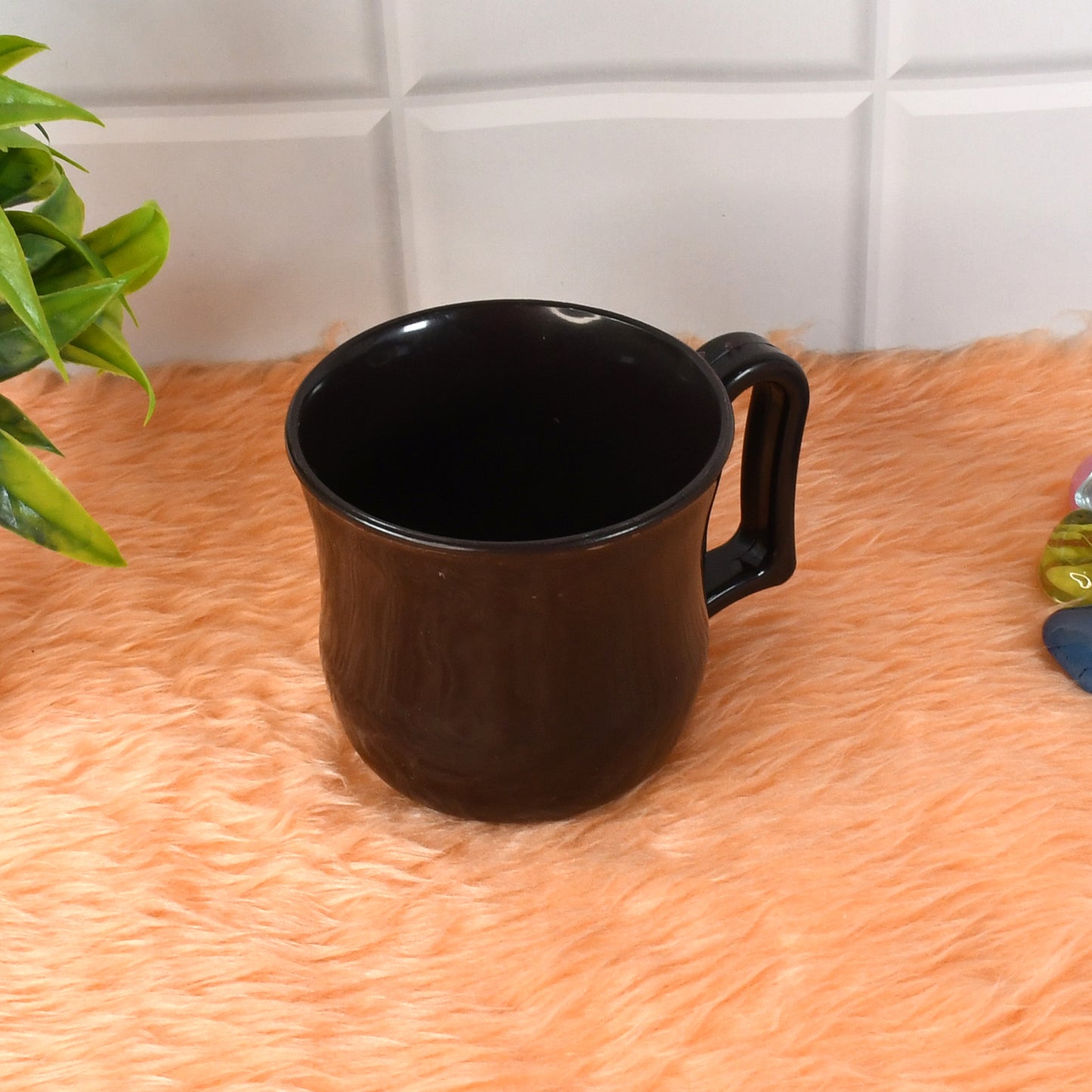 Black plastic coffee mug with handle, Wukusy brand, suitable for tea or coffee, 1-piece home and kitchen use.