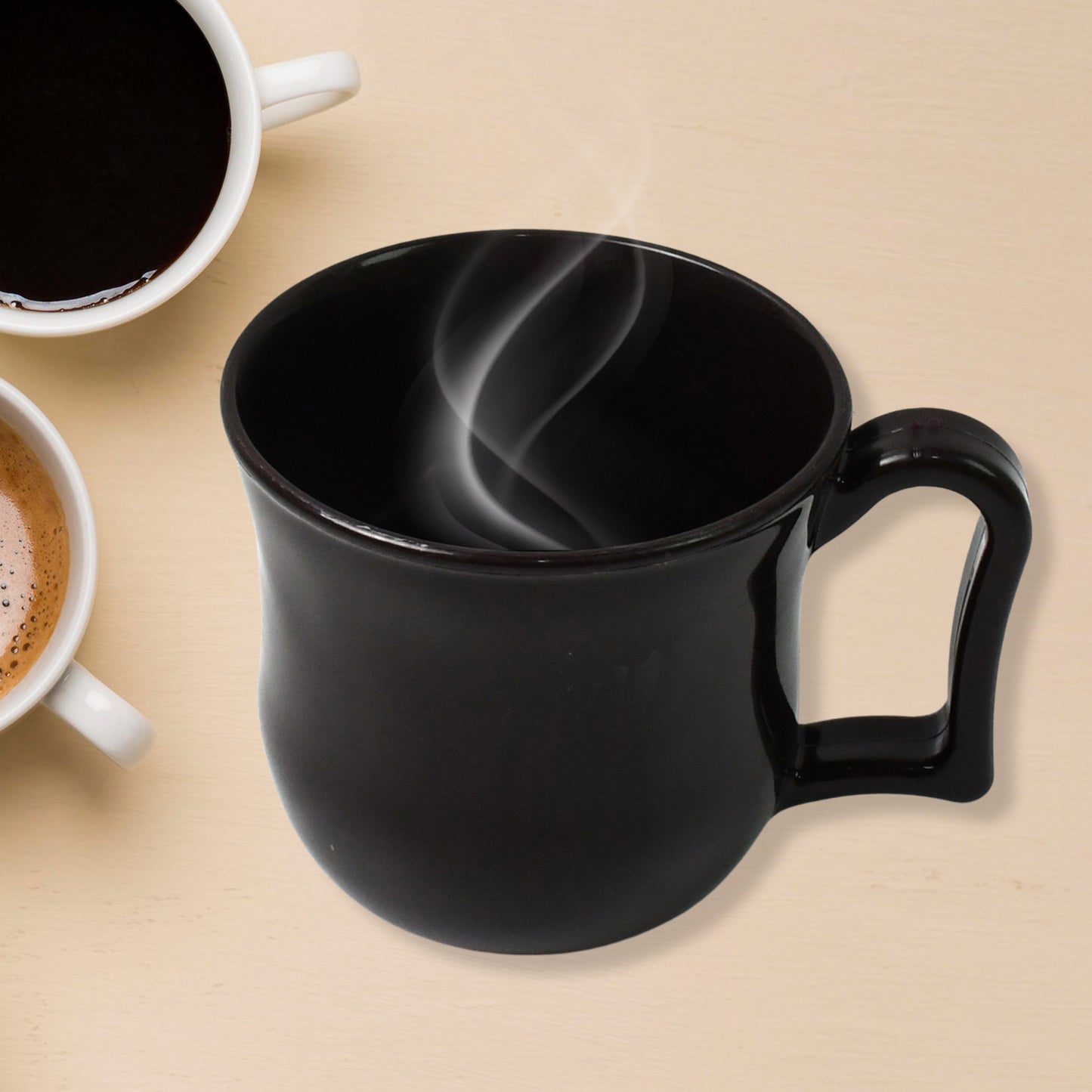 Black Wukusy plastic coffee mug with handle, single piece, packaged in a colorful box for home and kitchen use.