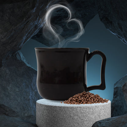 Black Wukusy plastic coffee and tea mug with handle, displayed in a colorful box, suitable for home and kitchen use.