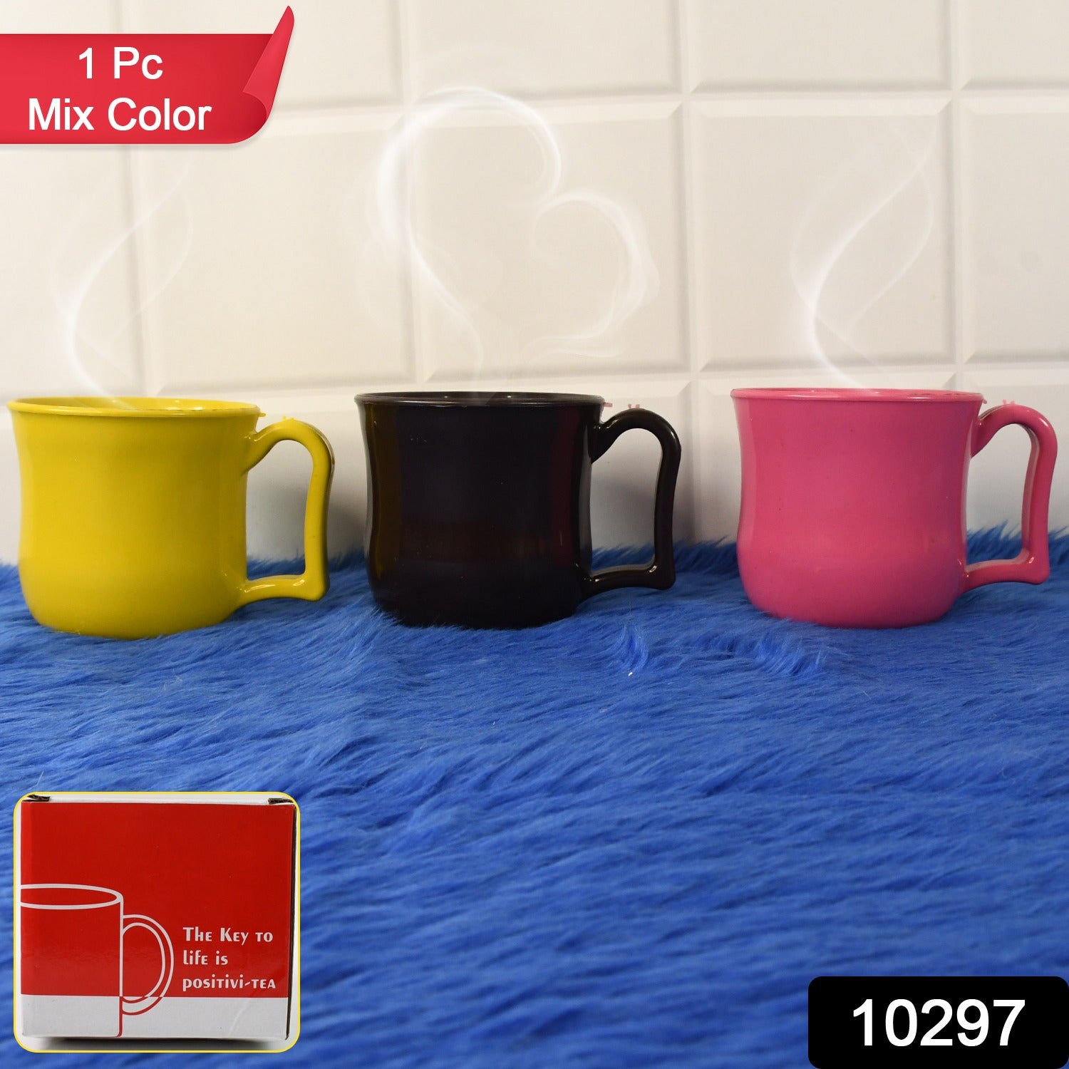 Wukusy premium plastic coffee and tea mug with handle in mixed colors, displayed with colorful packaging, ideal for home use.