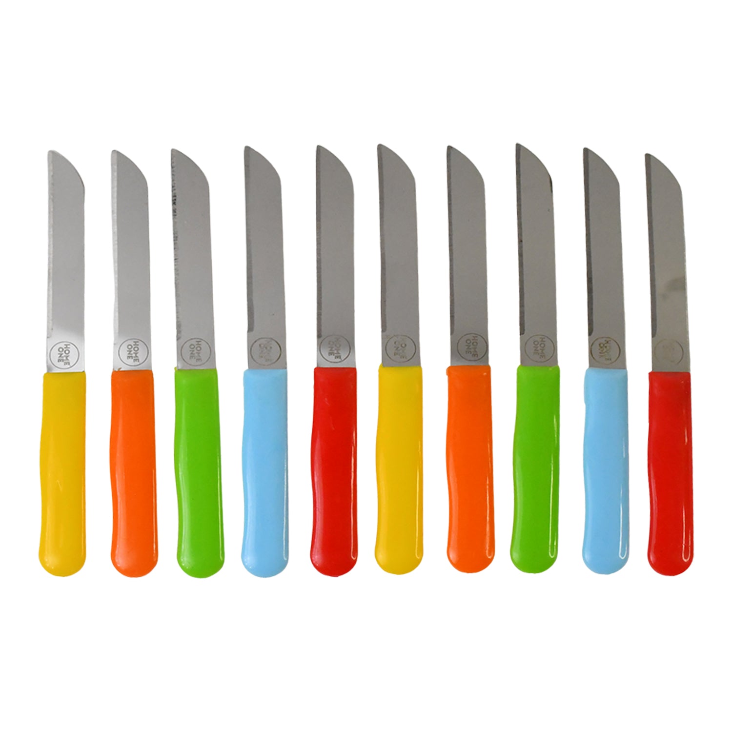 Set of 10 premium stainless steel handle plain knives by Wukusy for home and kitchen use, displayed individually on a white background.