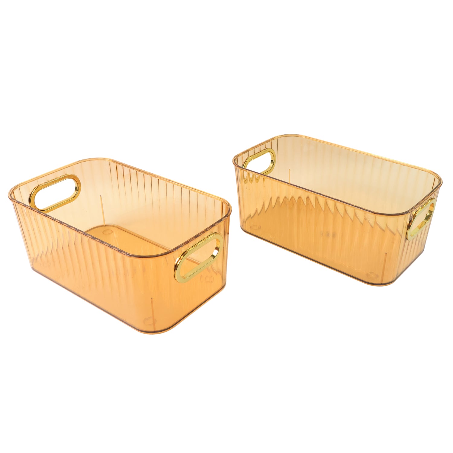 Set of two Wukusy transparent storage baskets with ribbed design and gold handles, ideal for kitchen and home organization.