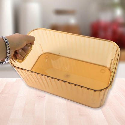 Set of two Wukusy premium ribbed transparent storage baskets with gold handles, ideal for kitchen and home organization.