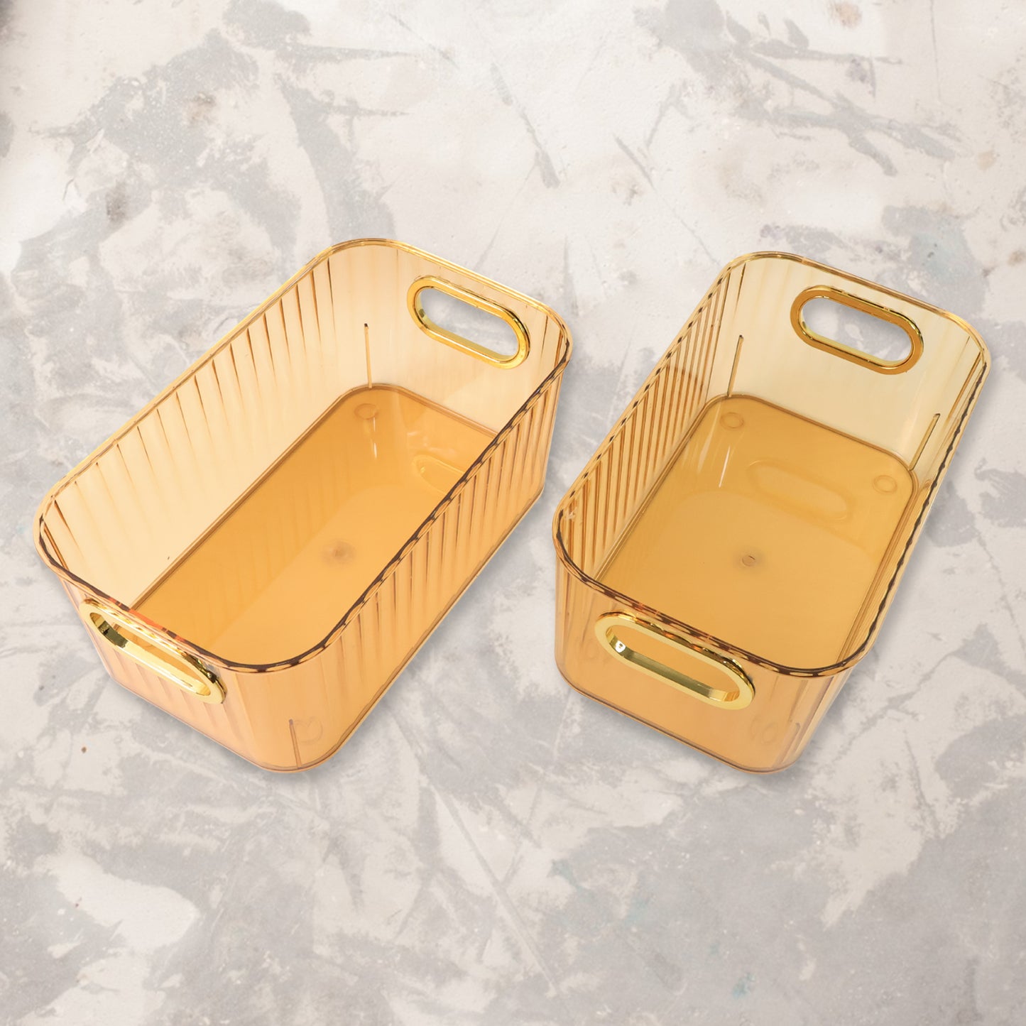 Set of two Wukusy premium ribbed transparent storage baskets with gold handles, ideal for kitchen and home organization.