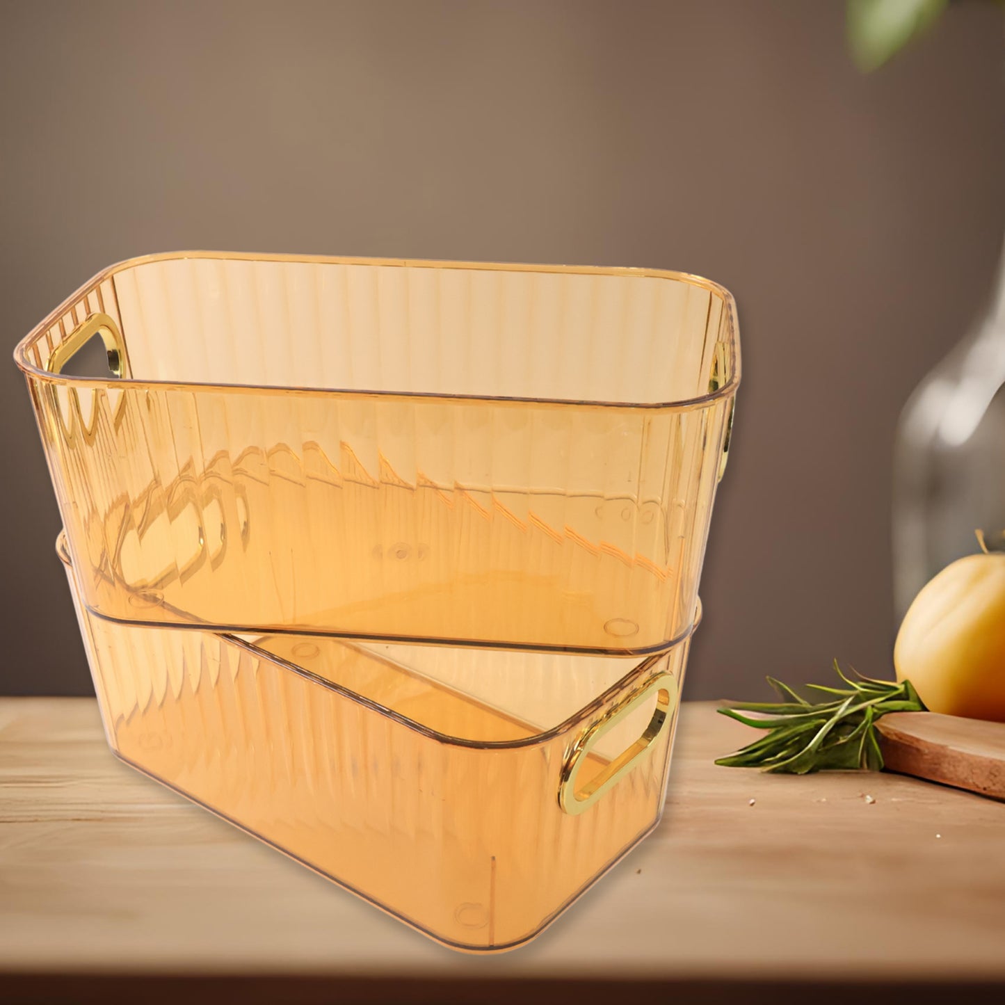 Set of two Wukusy premium ribbed transparent storage baskets with gold handles, ideal for kitchen and home organization.