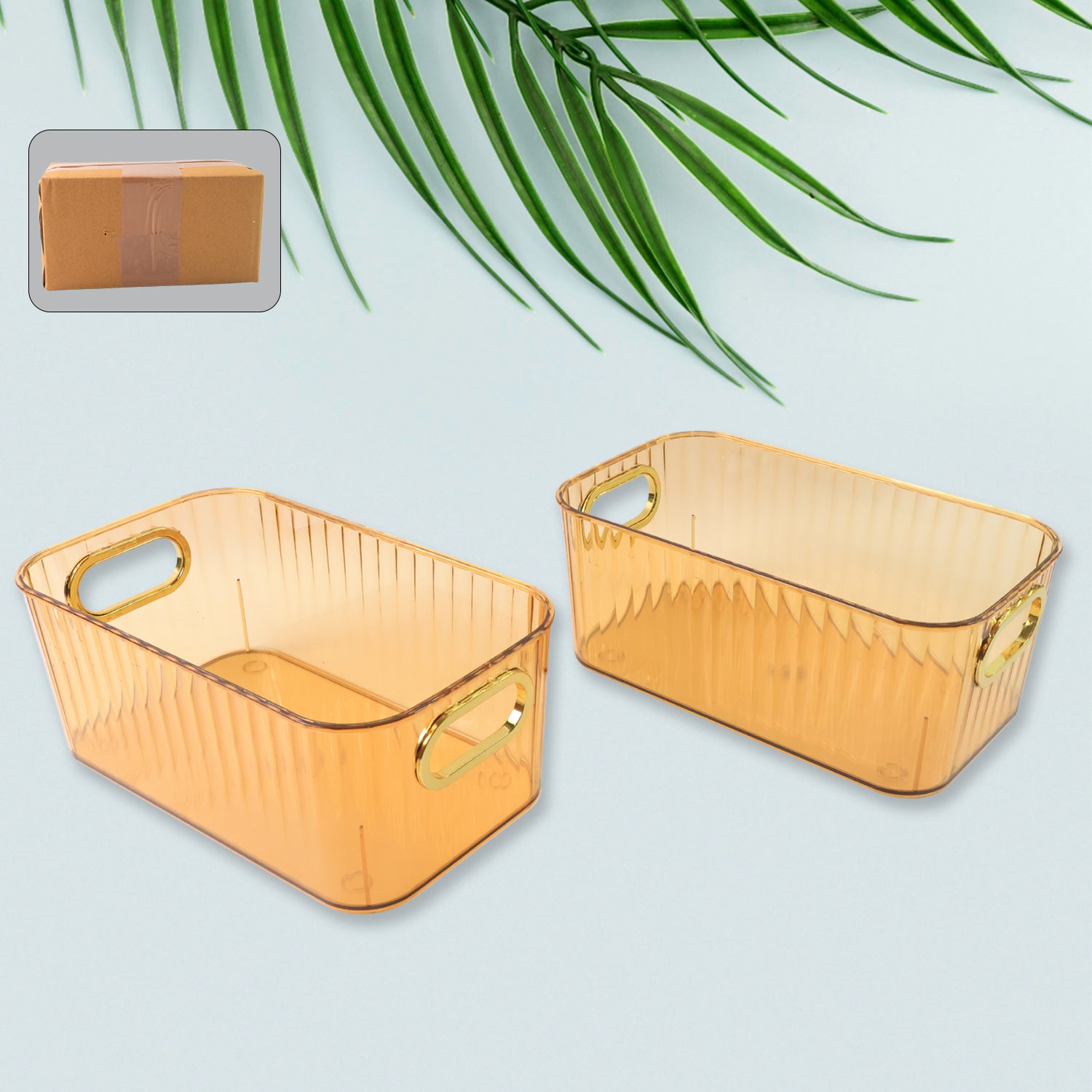 Two Wukusy transparent storage baskets with gold handles, ribbed design, ideal for kitchen and home organization, 25x14cm.