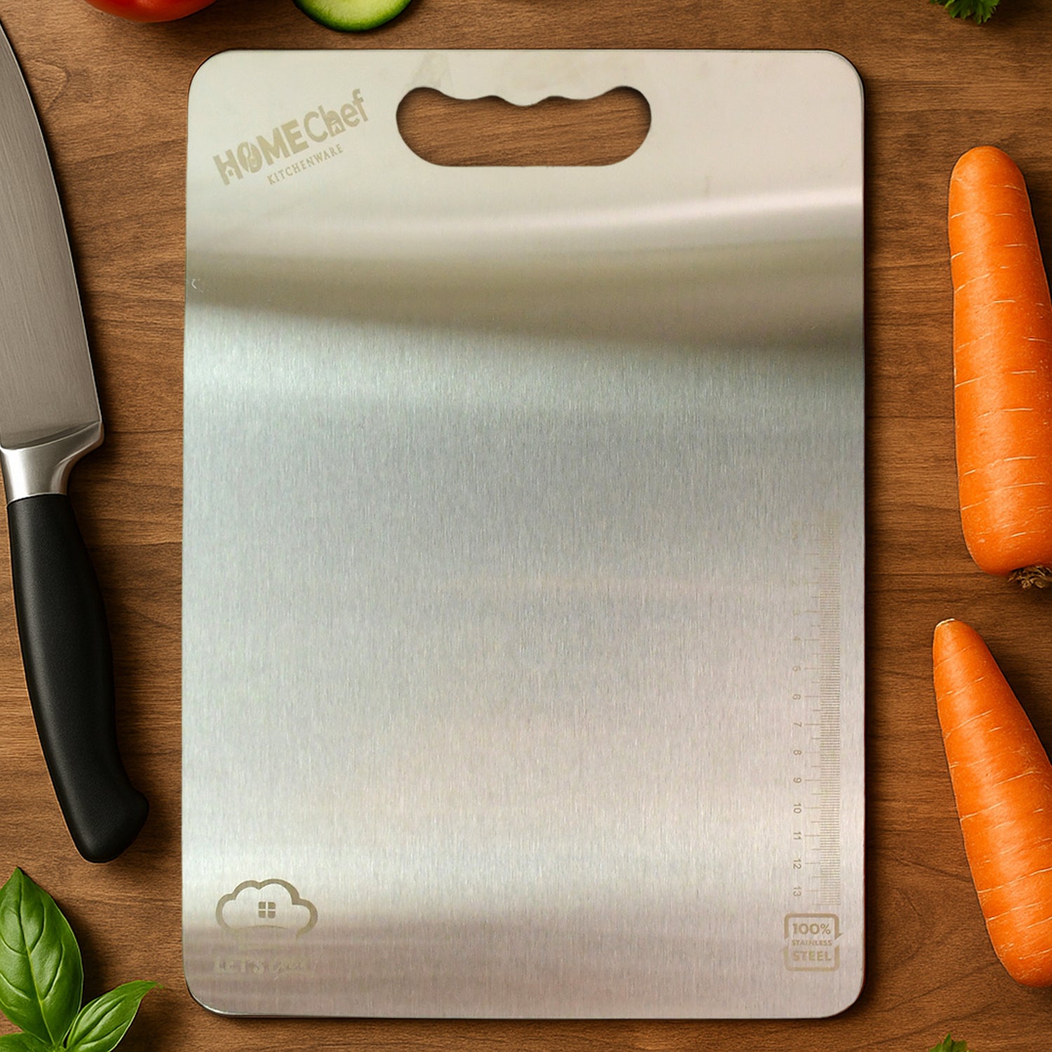 Wukusy premium stainless steel cutting board measuring 229mm by 330mm, ideal for home kitchen food prep.