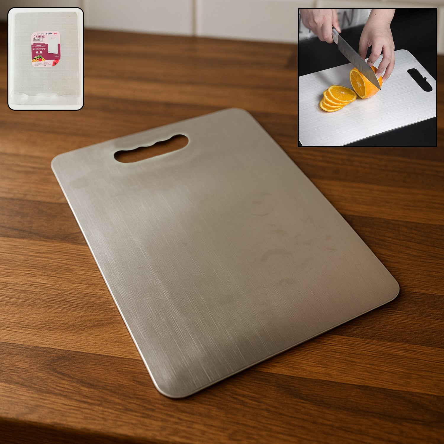 Wukusy premium stainless steel cutting board measuring 229mm by 330mm, ideal for home kitchen food preparation.