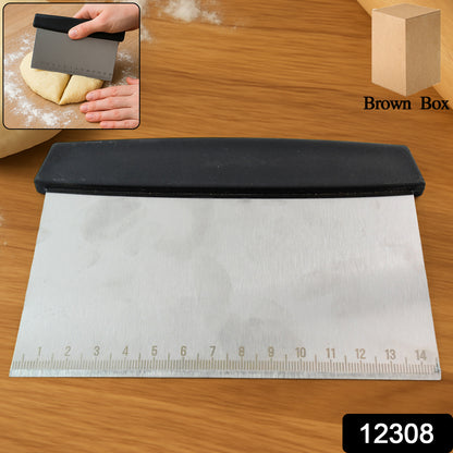 Wukusy premium stainless steel dough scraper for baking and kitchen use, featuring a sturdy handle and wide scraping edge.