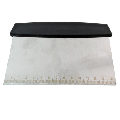 Wukusy premium stainless steel dough scraper for home and kitchen use, with a sturdy handle and wide scraping blade.