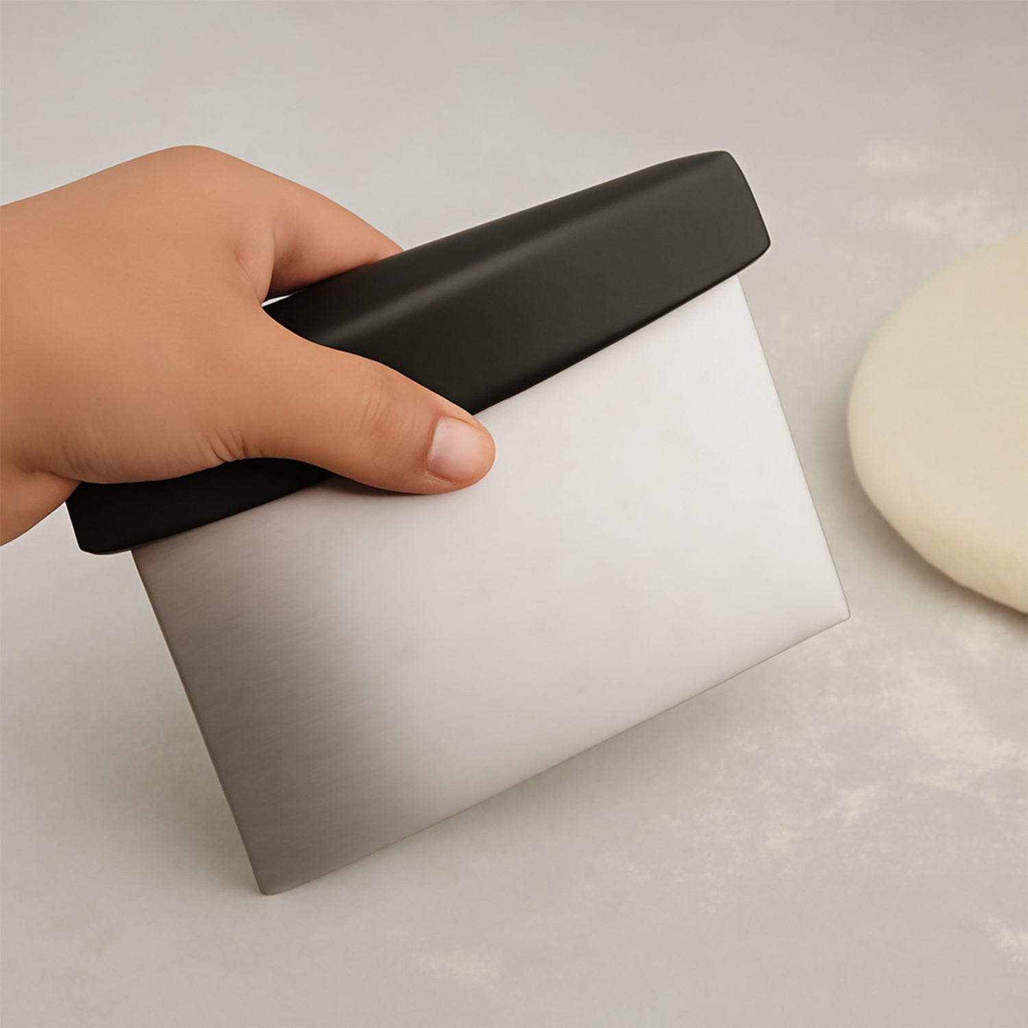 Wukusy premium stainless steel dough scraper for easy handling of dough and pastry in home and kitchen baking tasks.