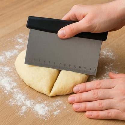 Wukusy premium stainless steel dough scraper for home and kitchen use, with a sturdy handle and wide blade for dough and pastry.