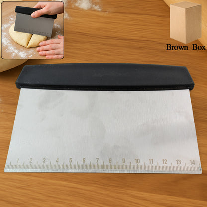 Wukusy premium stainless steel dough scraper for home and kitchen use, with a sturdy handle and wide scraping blade.