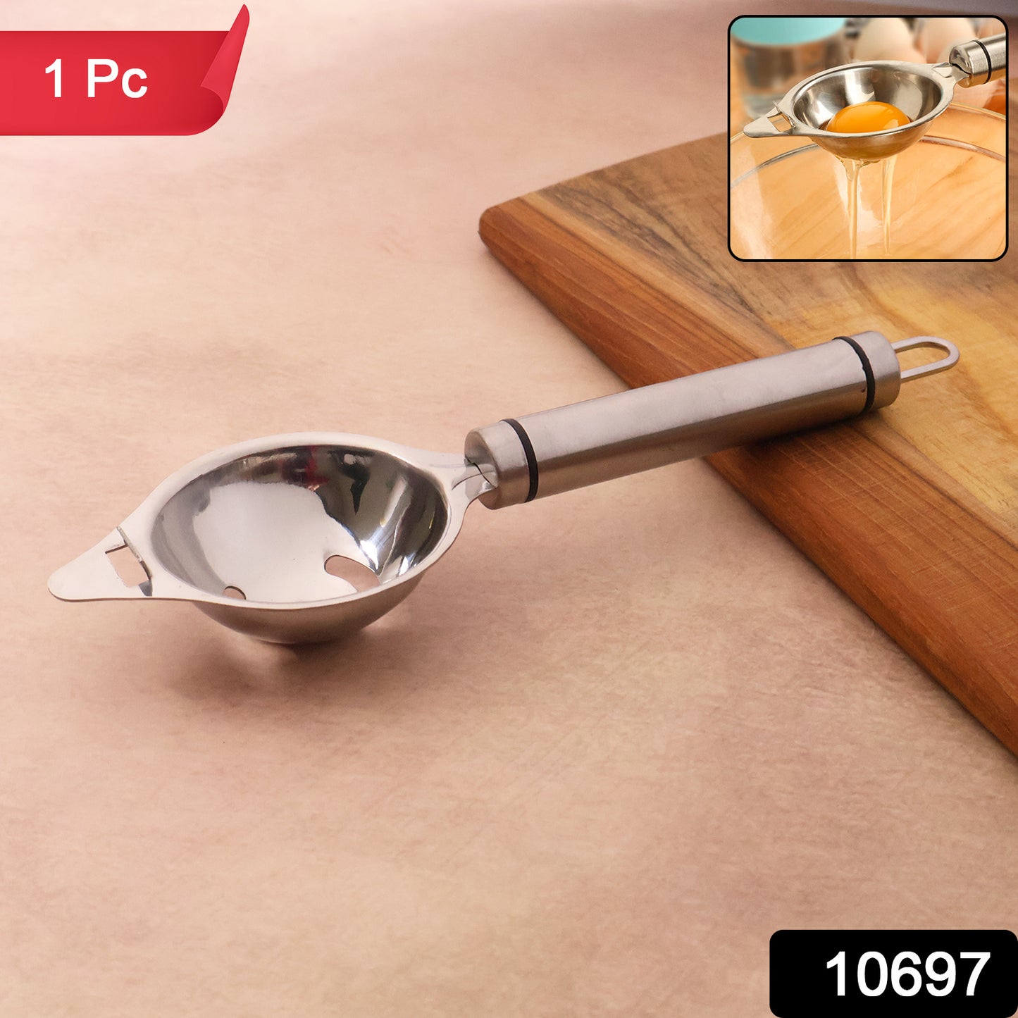 Wukusy premium stainless steel egg separator tool for kitchen use, shown on a clean countertop with eggs ready for separation.