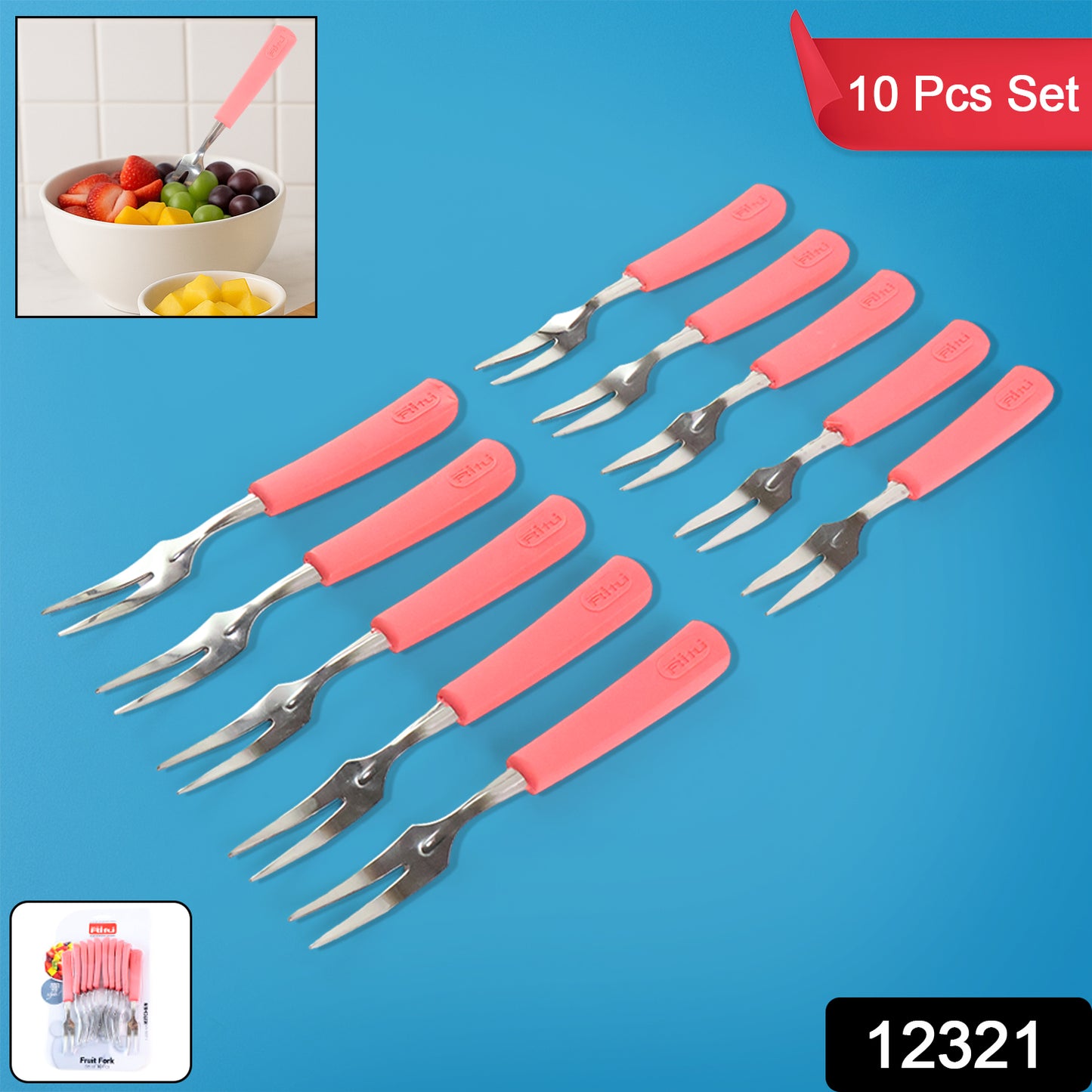 Wukusy premium stainless steel fruit fork set with 10 pieces featuring soft non-slip handles for home and kitchen use.