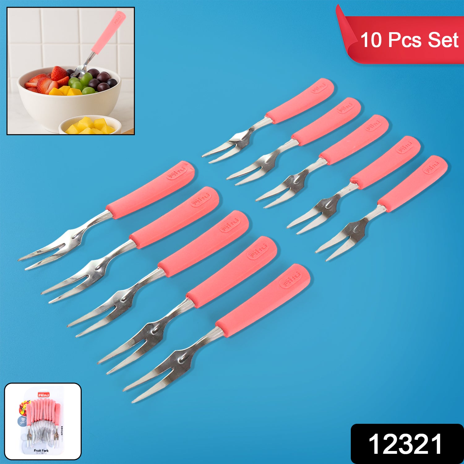 Wukusy premium stainless steel fruit fork set with 10 pieces featuring soft non-slip handles for home and kitchen use.