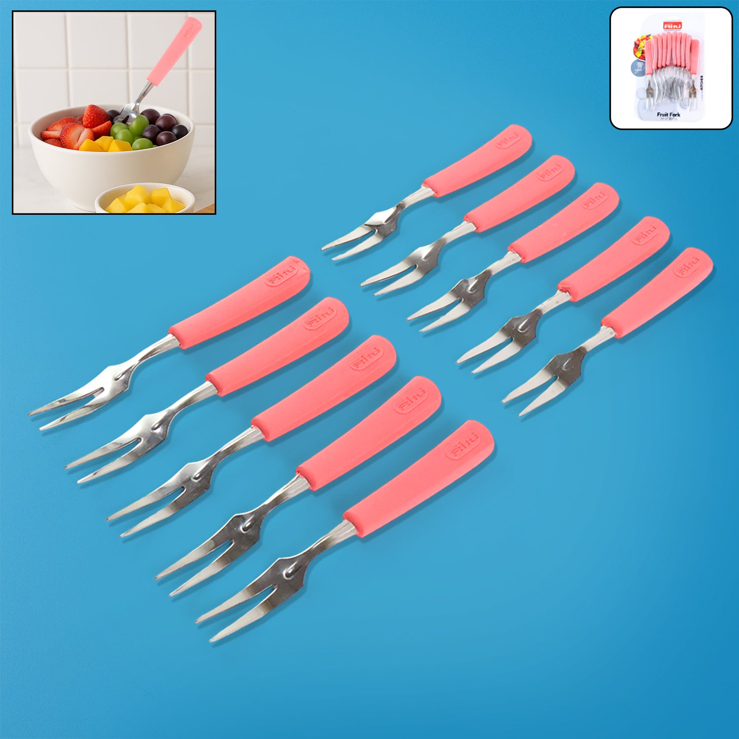 Wukusy 10-piece premium stainless steel fruit fork set with soft non-slip handles, ideal for home and kitchen use.