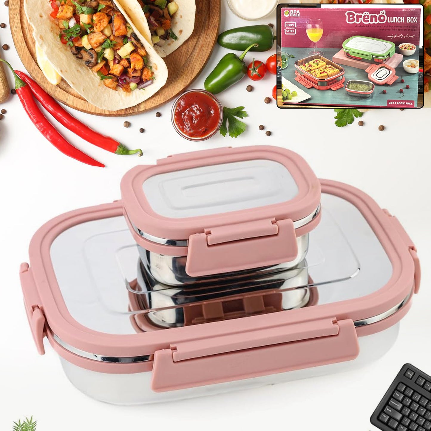 Wukusy stainless steel leak-proof airtight lunch boxes set with 900ml and 200ml containers for home and kitchen use