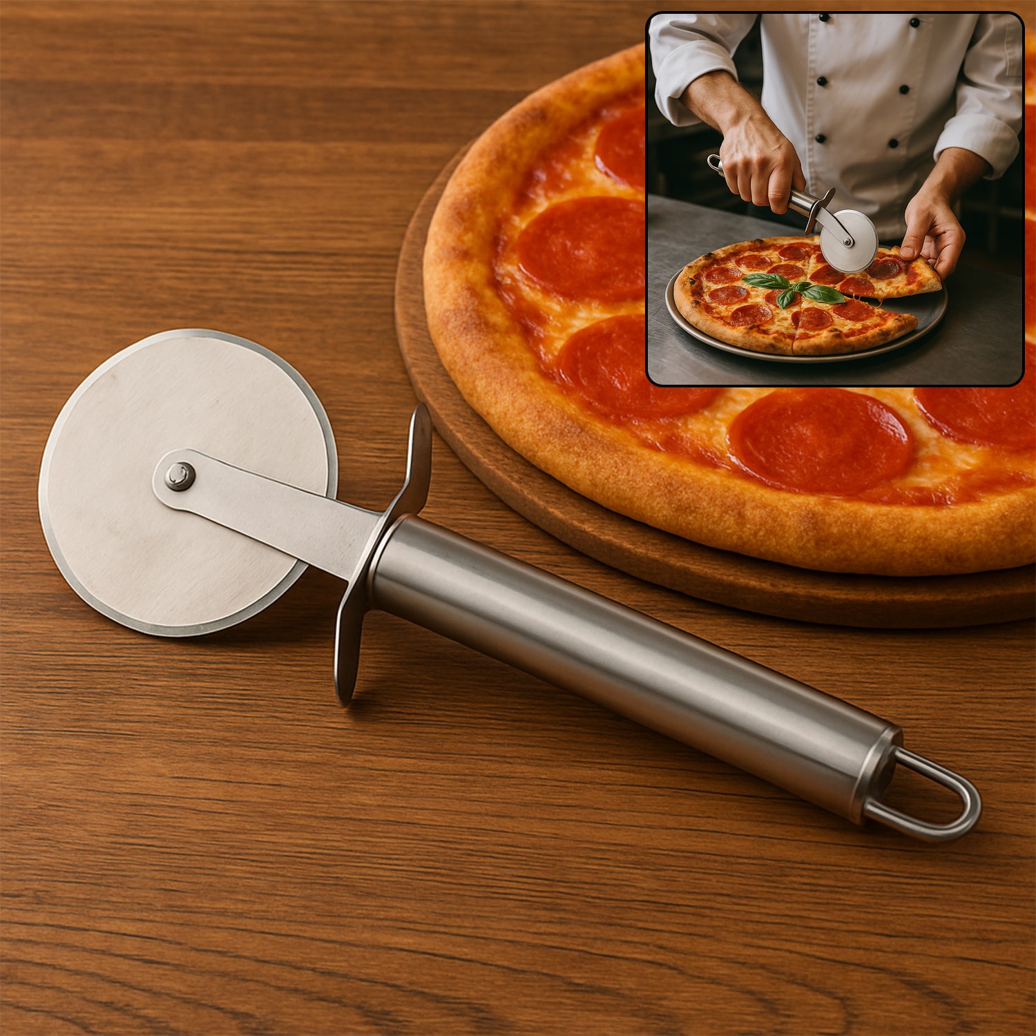 Wukusy premium stainless steel pizza cutter wheel with sharp blade for clean, precise cuts in home and kitchen use.