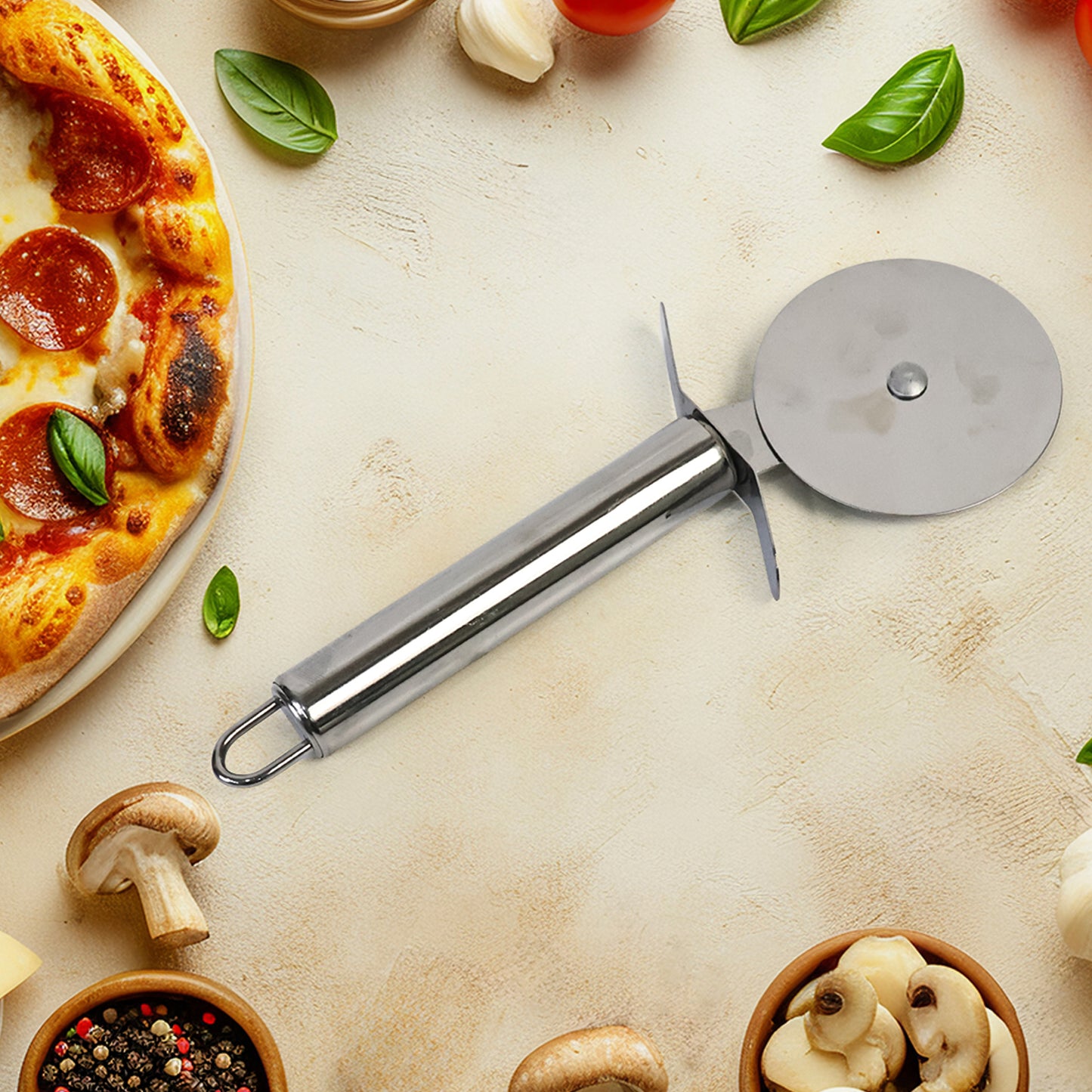 Wukusy premium stainless steel pizza cutter wheel with sharp blade for clean, easy slicing of pizzas in home and kitchen use.
