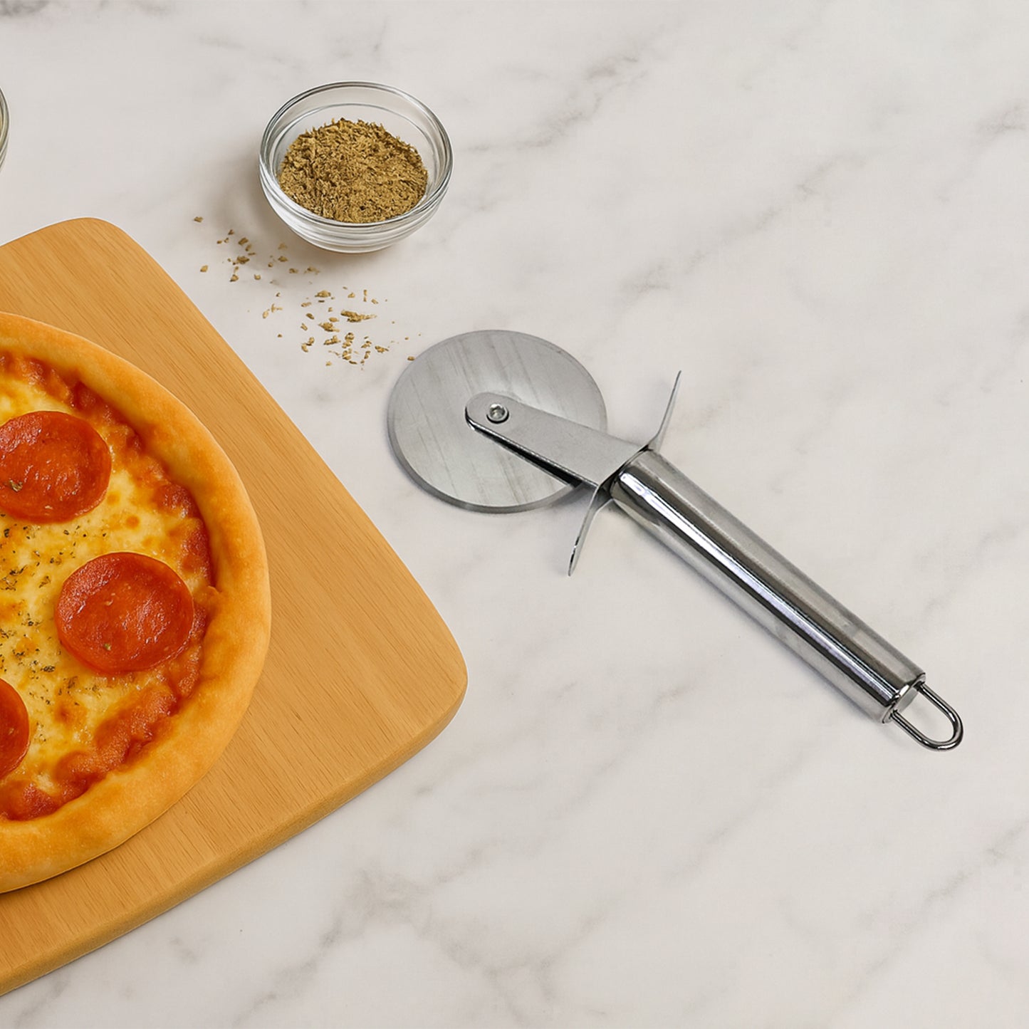 Wukusy premium stainless steel pizza cutter wheel with sharp blade for easy slicing of pizzas in home and kitchen use.