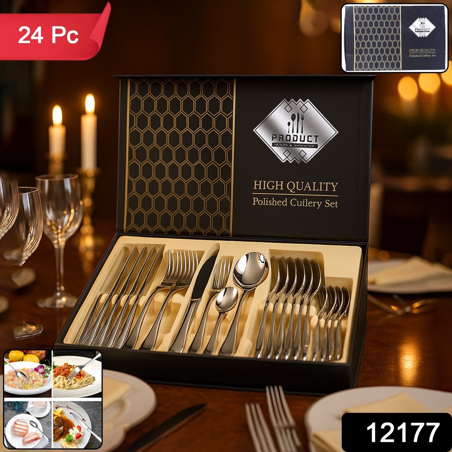 Wukusy 24-piece premium stainless steel polished cutlery set including forks, knives, spoons, and teaspoons for home dining.