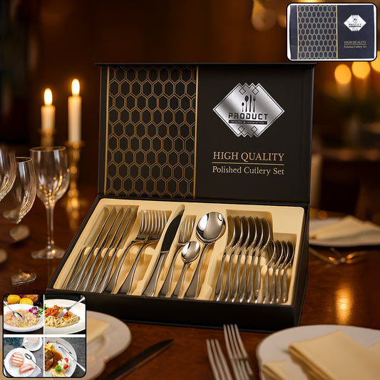 Wukusy 24-piece premium stainless steel polished cutlery set for home and kitchen use, includes forks, knives, and spoons arranged on a table.