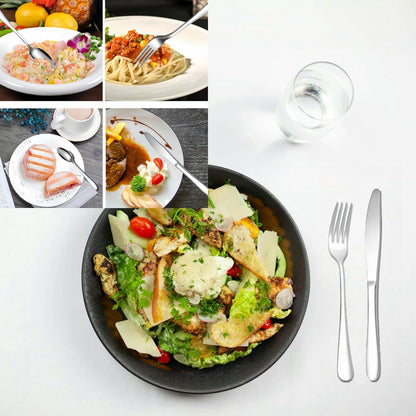 Wukusy 24-piece premium stainless steel polished cutlery set with forks, knives, spoons arranged on a kitchen countertop.