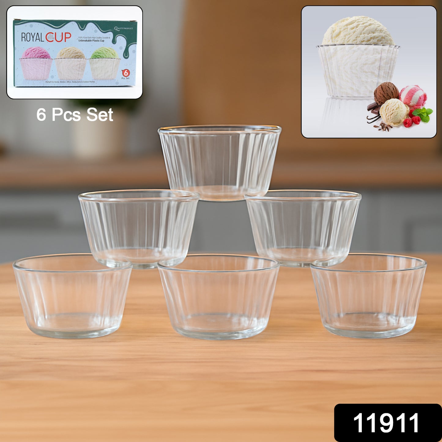 Six clear plastic dessert bowls from Wukusy, premium transparent set for serving sweets and treats in home and kitchen use.