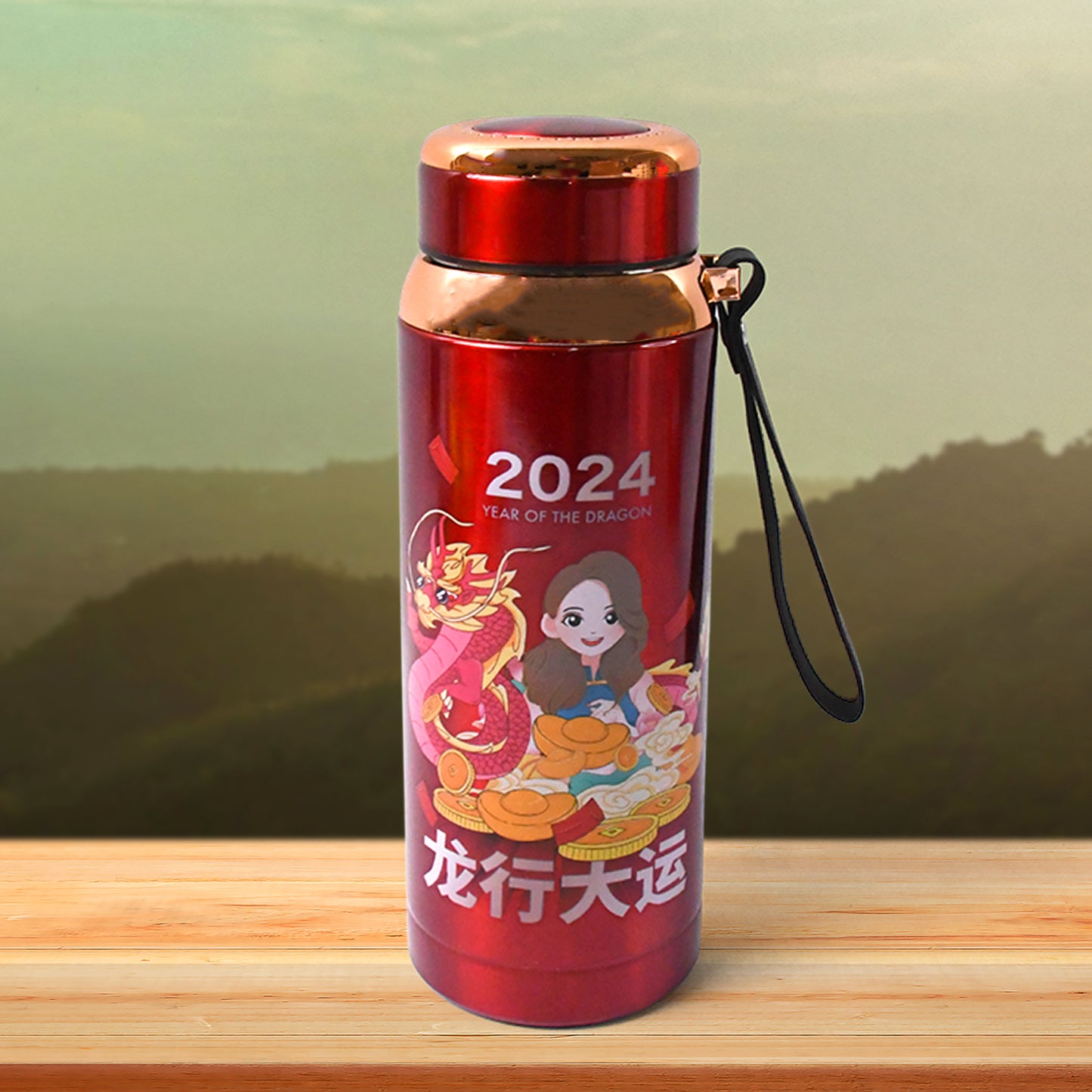 Wukusy printed vacuum insulated water bottle, 800ml, for keeping drinks hot or cold, with a sleek design and secure lid.