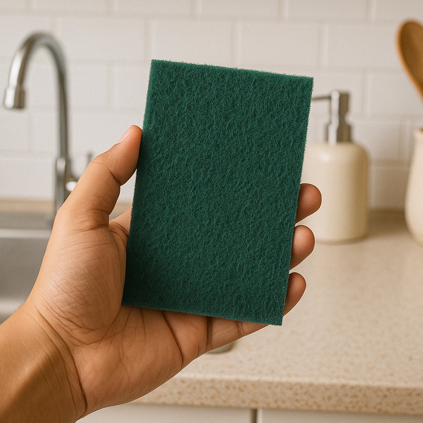 Wukusy heavy-duty kitchen scrubber pad, 4x6 inch, for tough cleaning tasks in home and kitchen use.