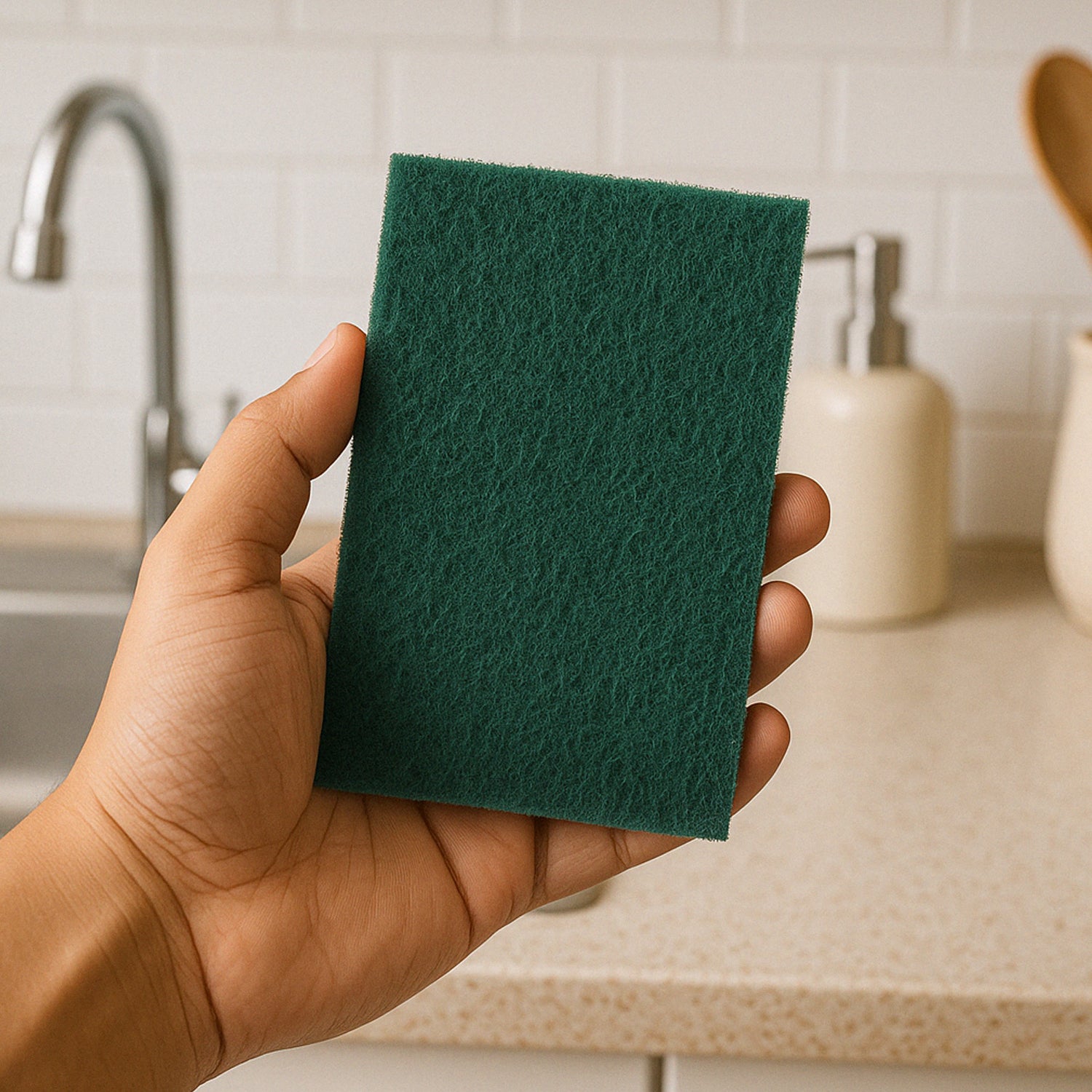Wukusy heavy-duty kitchen scrubber pad, 4x6 inch, for tough cleaning tasks in home and kitchen use.
